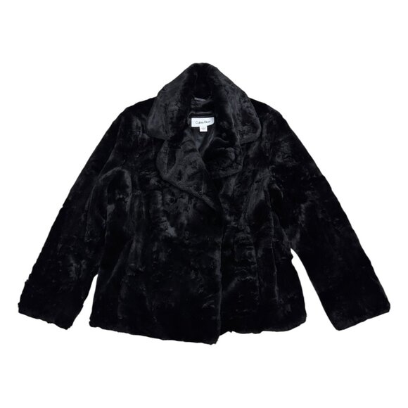 CALVIN KLEIN Faux Fur Luxury Designer Soft Black parka Coat Womens Large - Picture 1 of 5